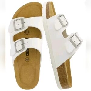 NEW Cushionaire Lane Cork Sandals Slides Genuine Leather White Double Buckle 9.5
